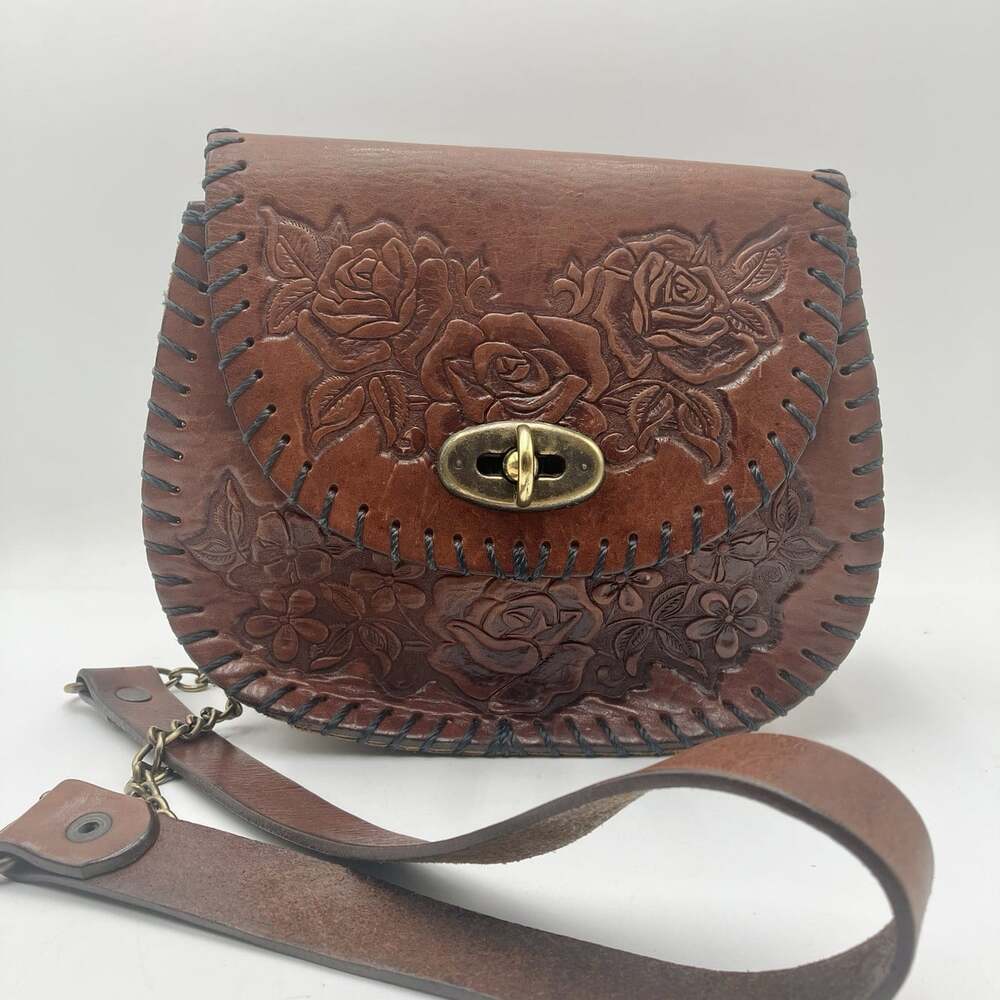 JAAC Mexico Tooled Leather Crossbody Purse Floral Western Boho Brown